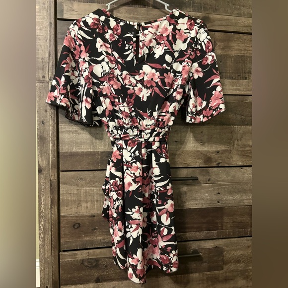 Black Floral Wrap Romper with Pink and Cream Blooms - Picture 4 of 5